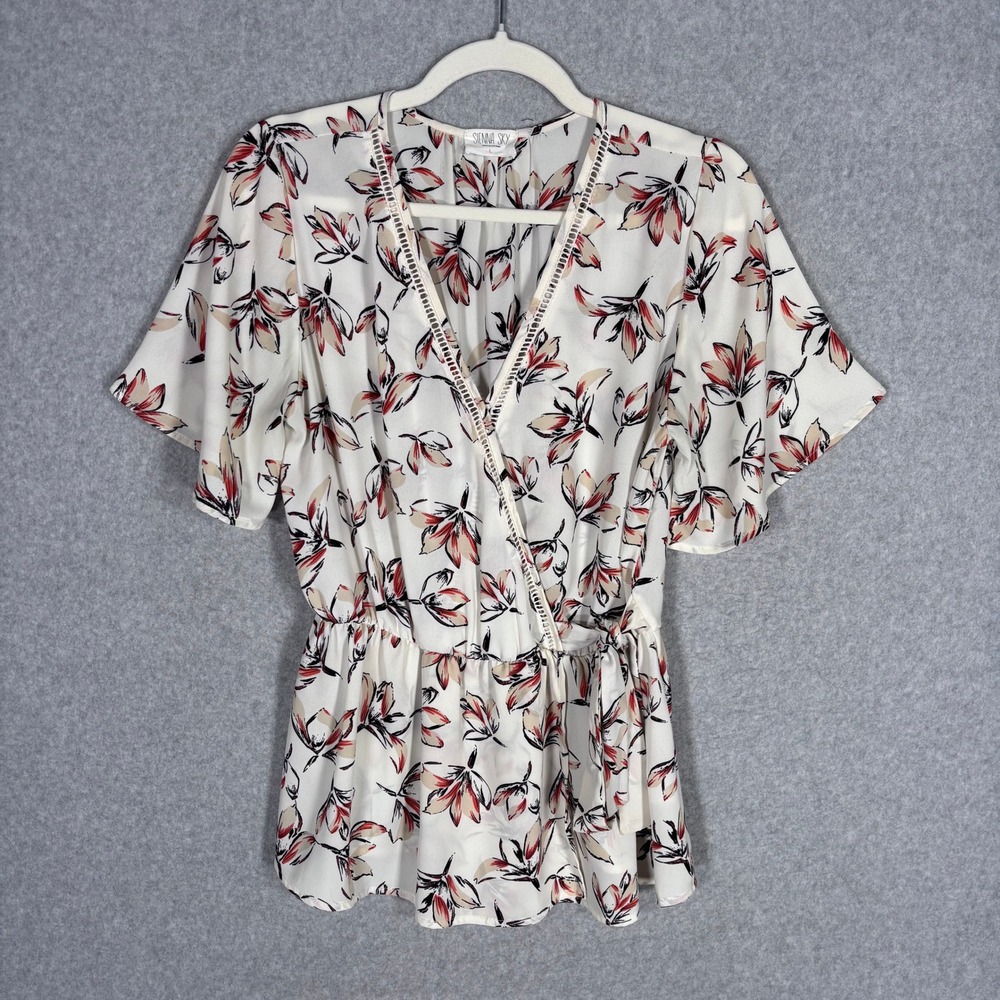 Wrap Tie Peplum Blouse Large White Floral Flutter Sleeve Ruffle Feminine Career